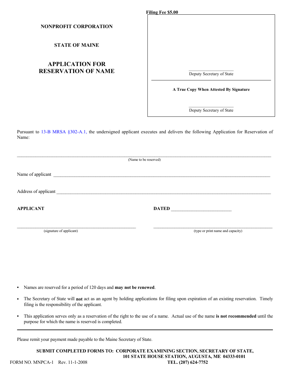 Form MNPCA-1 Application for Reservation of Name - Nonprofit Corporation - Maine, Page 1