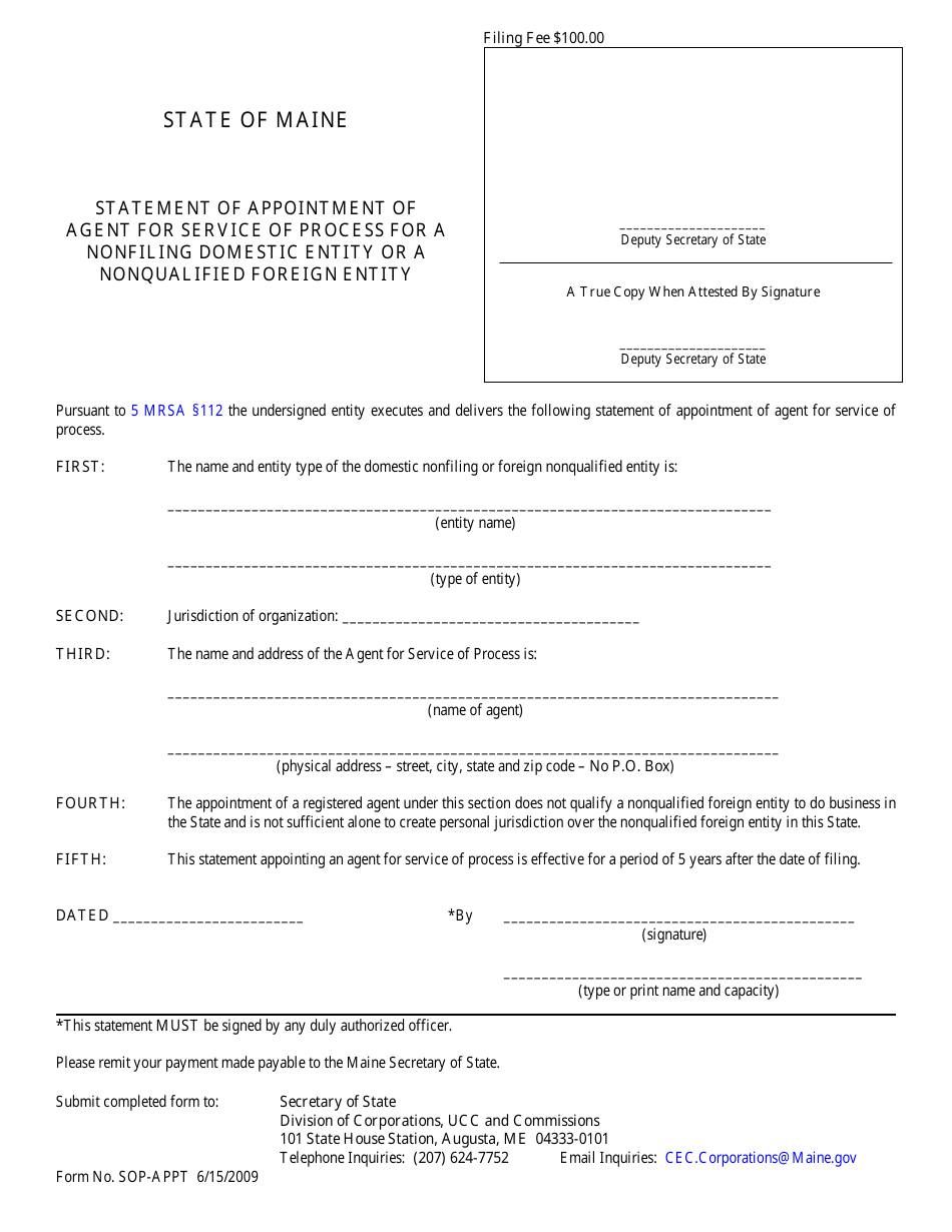 Form SOP-APPT Statement of Appointment of Agent for Service of Process for a Nonfiling Domestic Entity or a Nonqualified Foreign Entity - Maine, Page 1