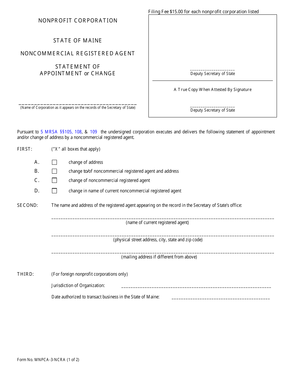Form MNPCA-3-NCRA Statement of Appointment or Change of Noncommercial Registered Agent - Maine, Page 1