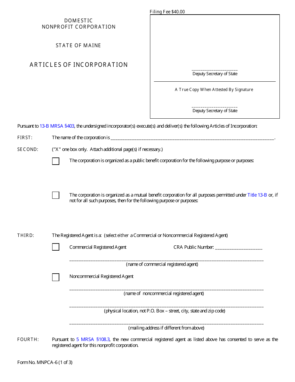 Form MNPCA-6 Articles of Incorporation - Domestic Nonprofit Corporation - Maine, Page 1