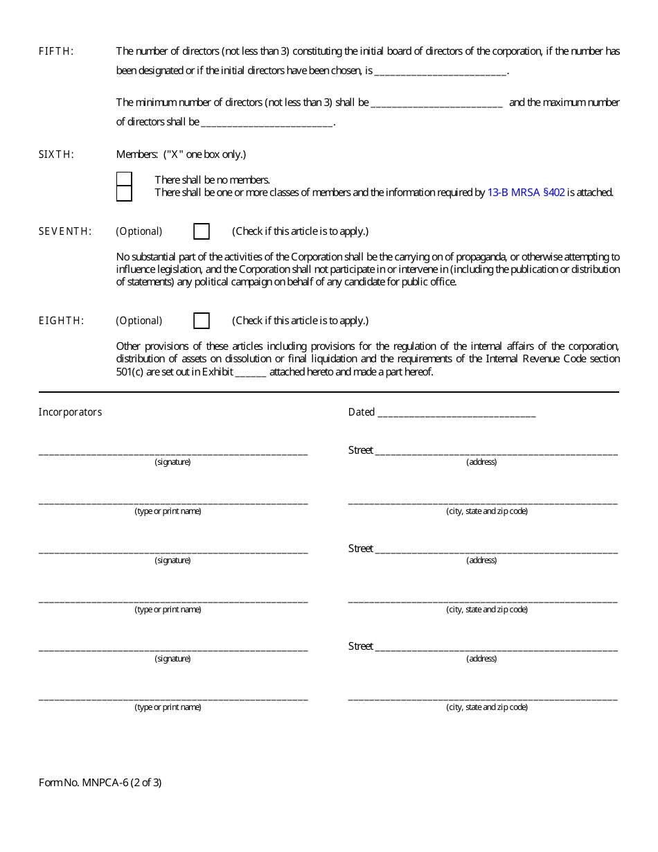 Form MNPCA-6 Articles of Incorporation - Domestic Nonprofit Corporation - Maine, Page 2