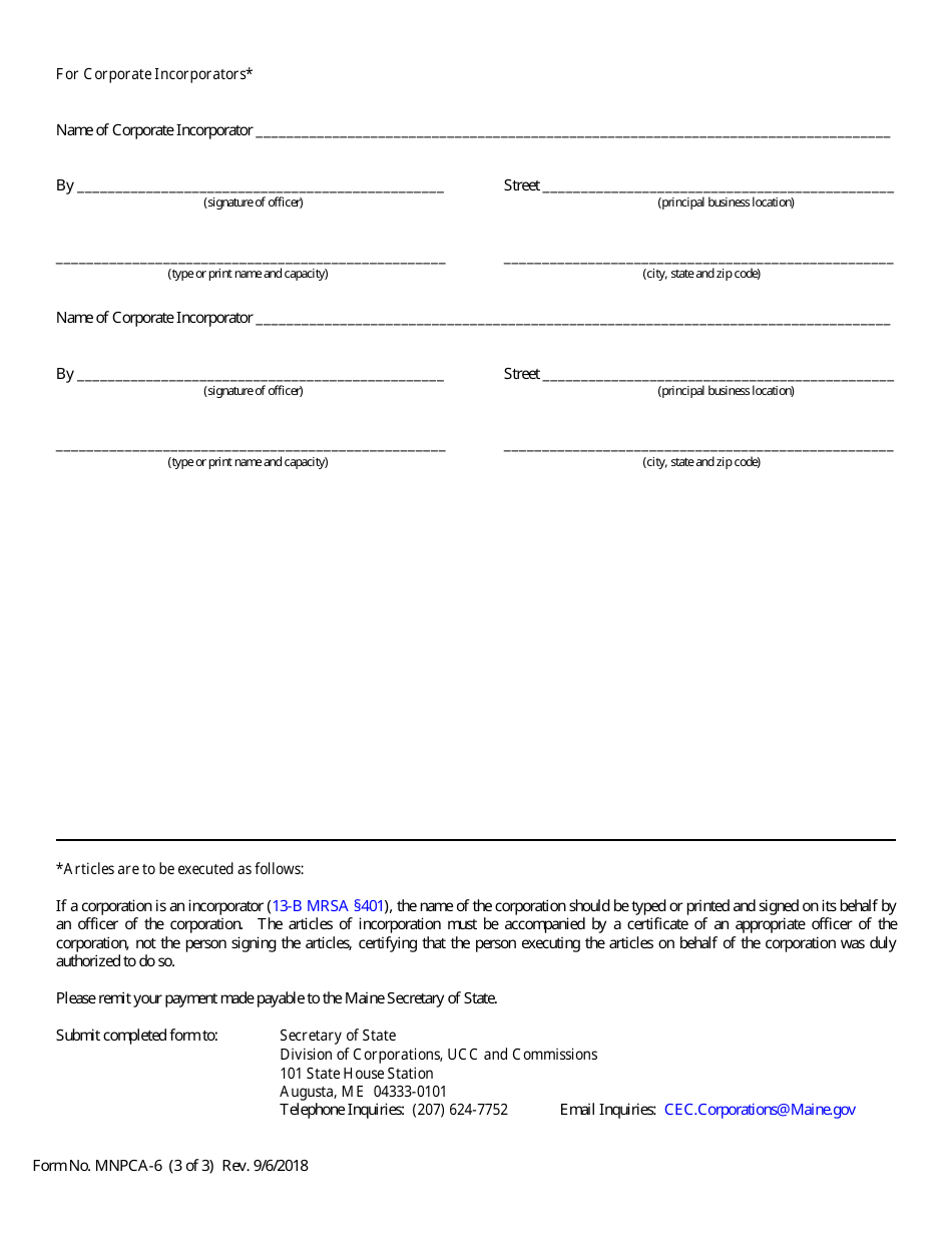 Form MNPCA-6 Articles of Incorporation - Domestic Nonprofit Corporation - Maine, Page 3