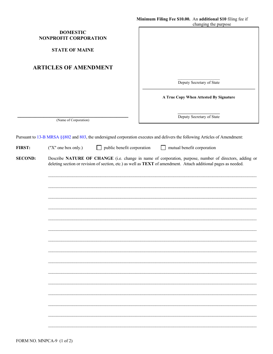 Form MNPCA-9 Articles of Amendment - Maine, Page 1