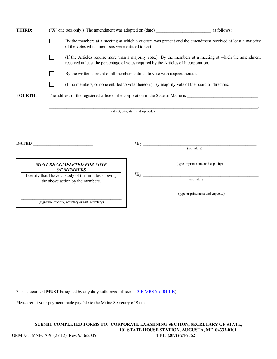 Form MNPCA-9 Articles of Amendment - Maine, Page 2