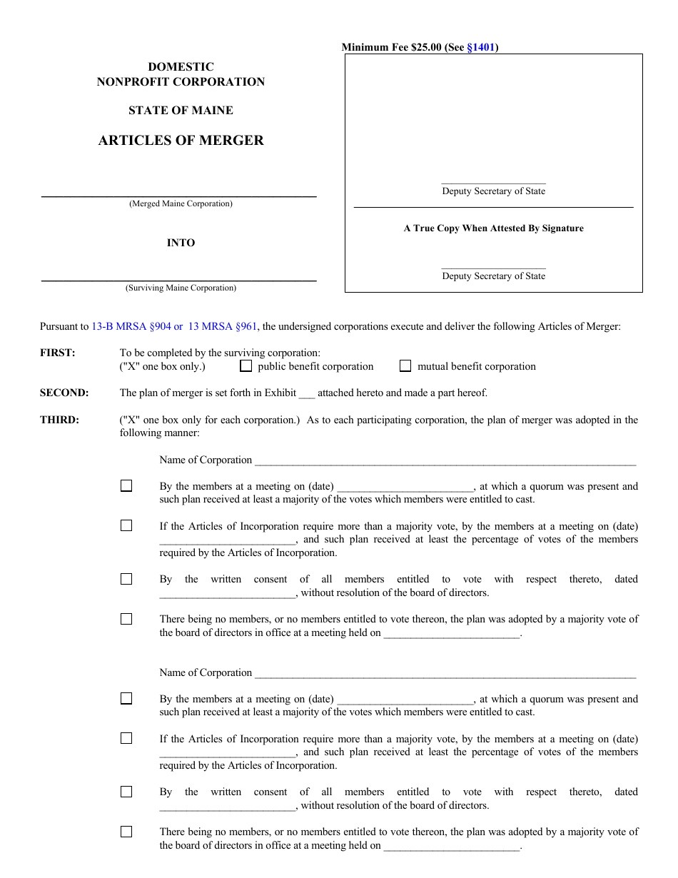 Form MNPCA-10 Articles of Merger - Maine, Page 1