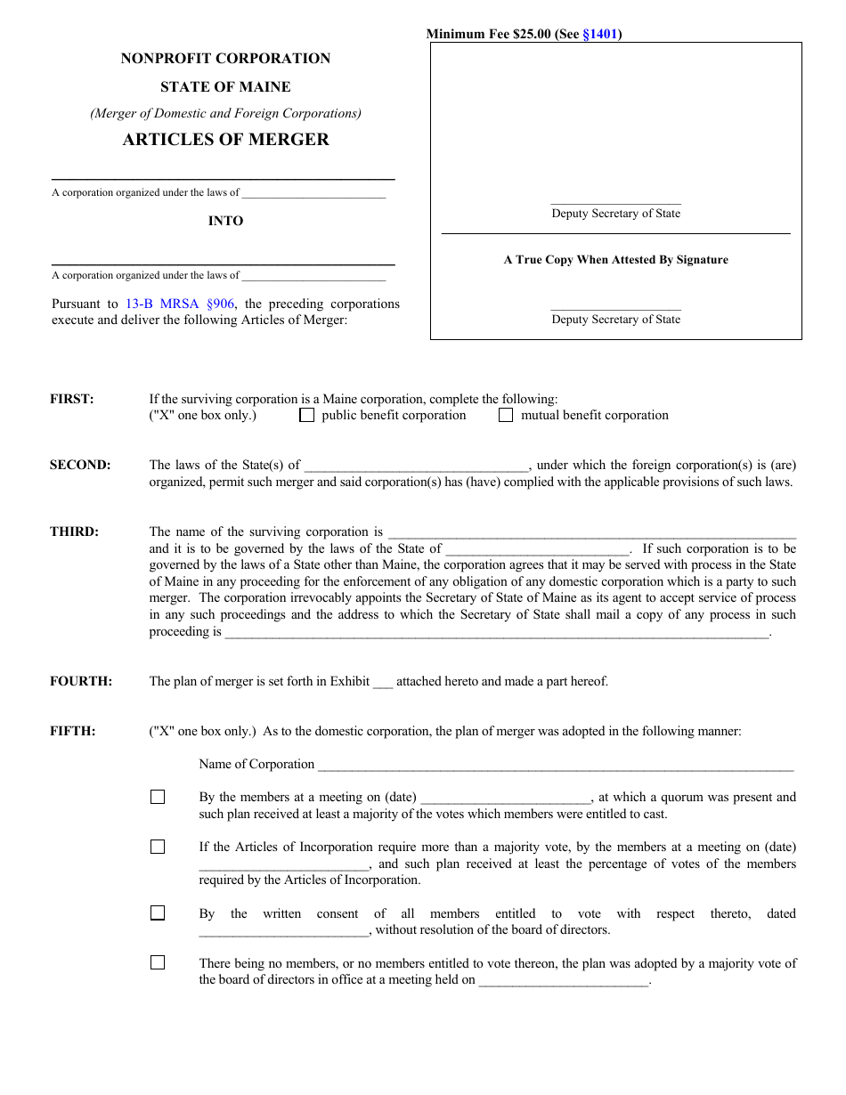 Form MNPCA-10C Articles of Merger (Merger of Domestic and Foreign Corporations) - Maine, Page 1