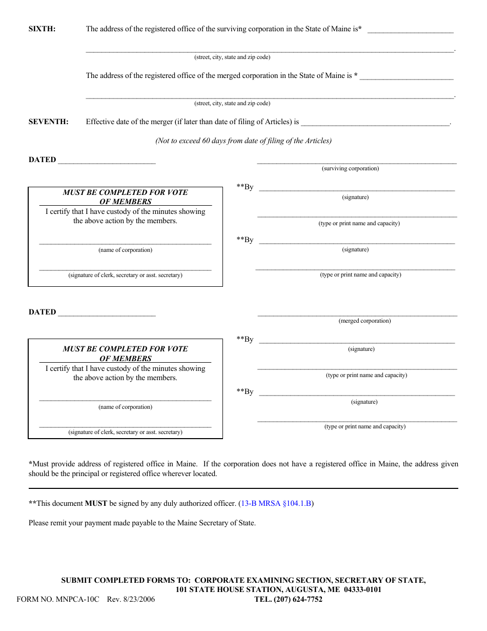 Form MNPCA-10C Articles of Merger (Merger of Domestic and Foreign Corporations) - Maine, Page 2