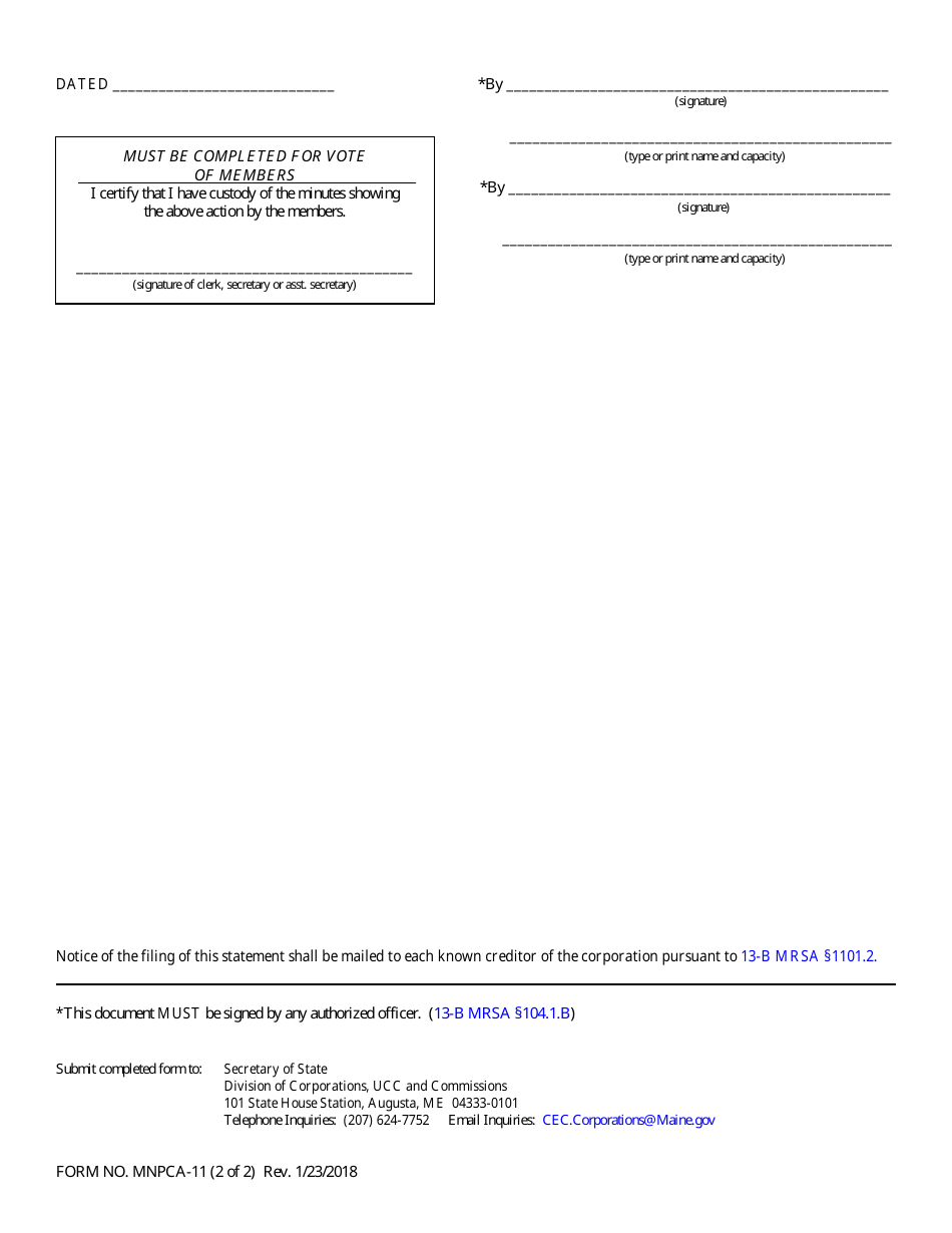 Form MNPCA-11 Statement of Intent to Dissolve (Written Consent of Members or Directors) - Maine, Page 2