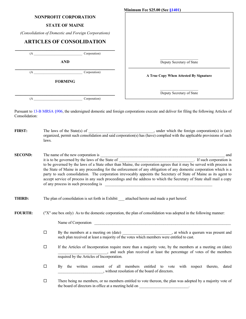 Form MNPCA-10E Articles of Consolidation (Domestic and Foreign Corporations) - Maine, Page 1
