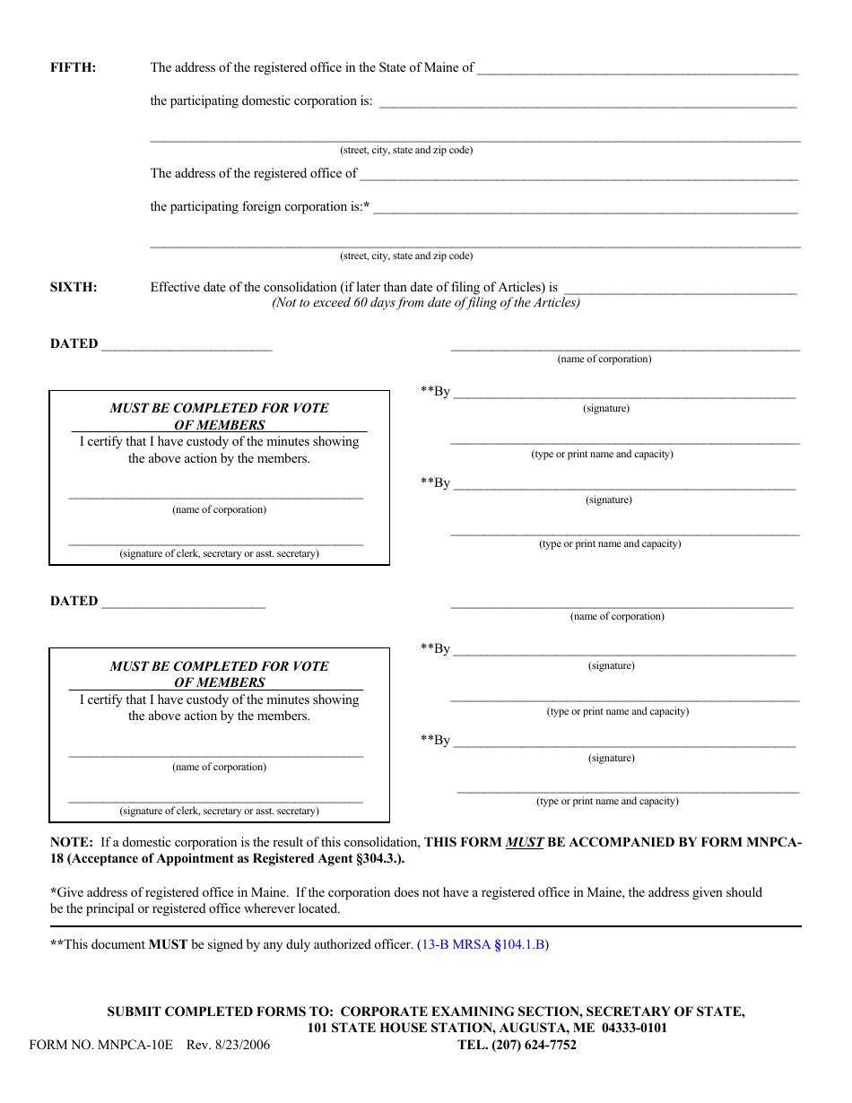 Form MNPCA-10E Articles of Consolidation (Domestic and Foreign Corporations) - Maine, Page 2
