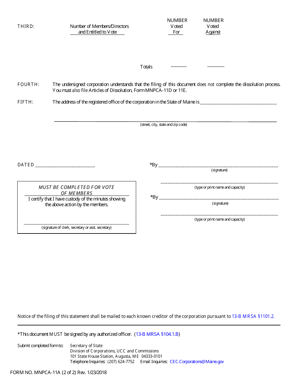 Form MNPCA-11A Statement of Intent to Dissolve (Vote of Member or Directors) - Maine, Page 2