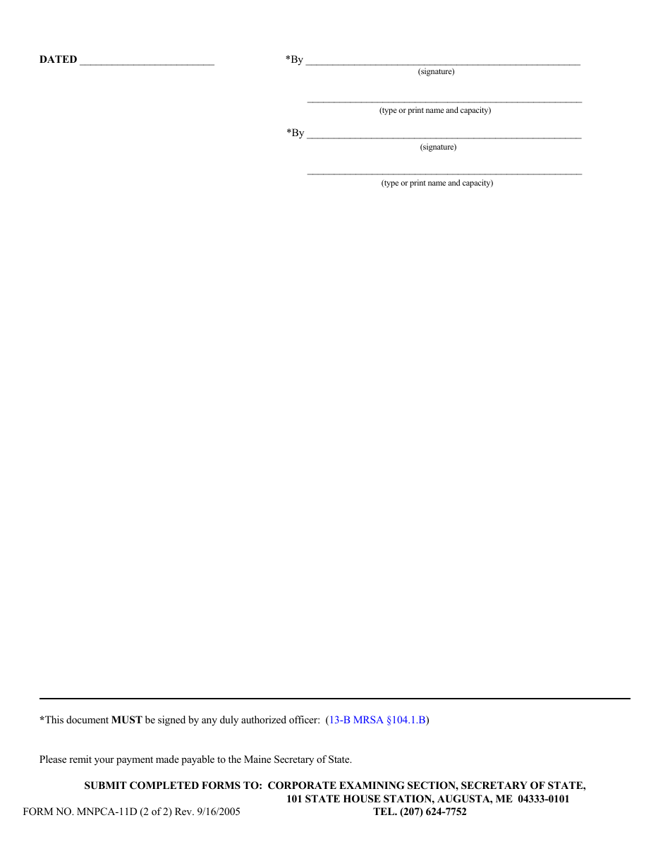 Form MNPCA-11D Articles of Dissolution - Maine, Page 2