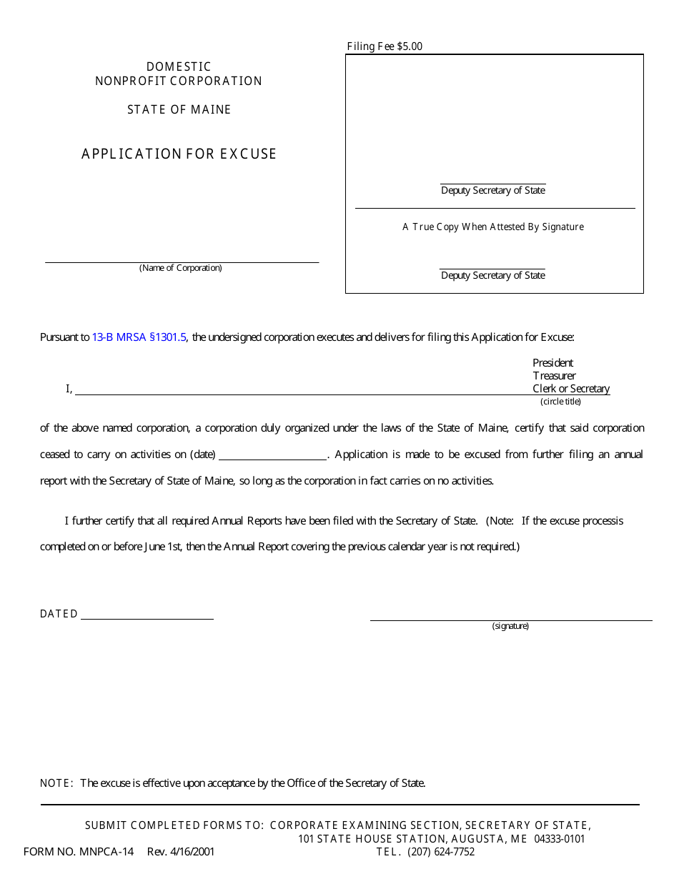 Form MNPCA-14 Application for Excuse - Maine, Page 1