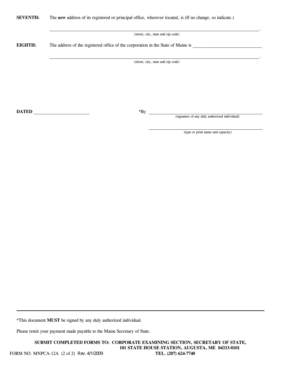 Form MNPCA-12A Amended Application for Authority to Carry on Activities - Maine, Page 2