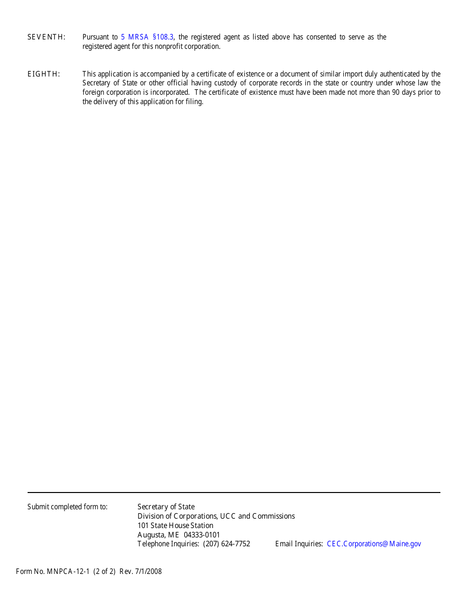 Form MNPCA-12-1 Application for Authority to Carry on Activities Pursuant to 13-b Mrsa Section 1202 to Accompany Application for Transfer of Authority - Maine, Page 2