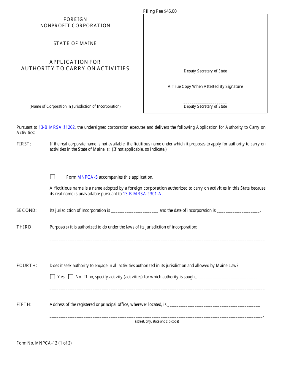 Form MNPCA-12 Application for Authority to Carry on Activities - Maine, Page 1