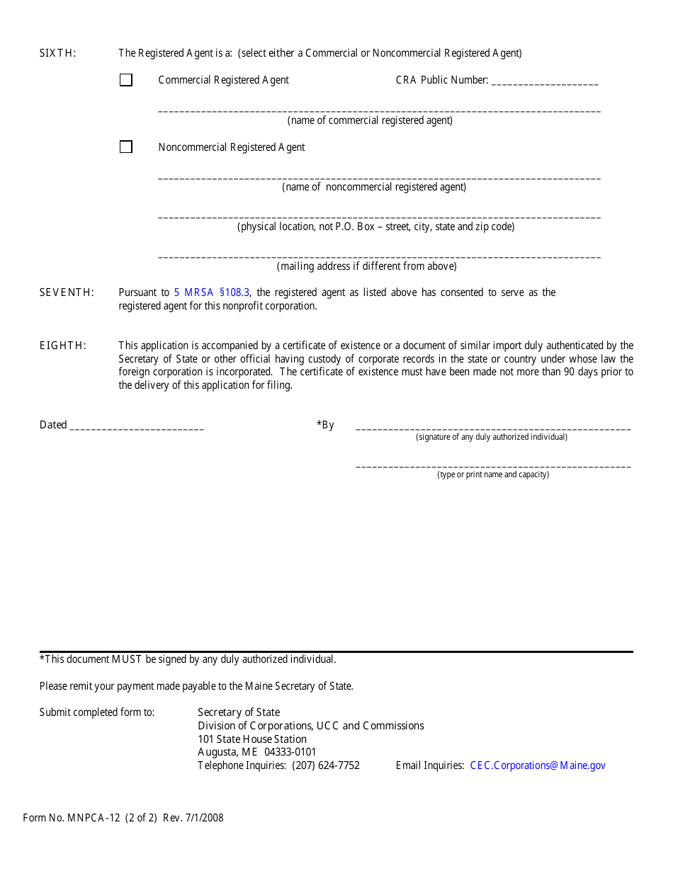 Form MNPCA-12 Application for Authority to Carry on Activities - Maine, Page 2