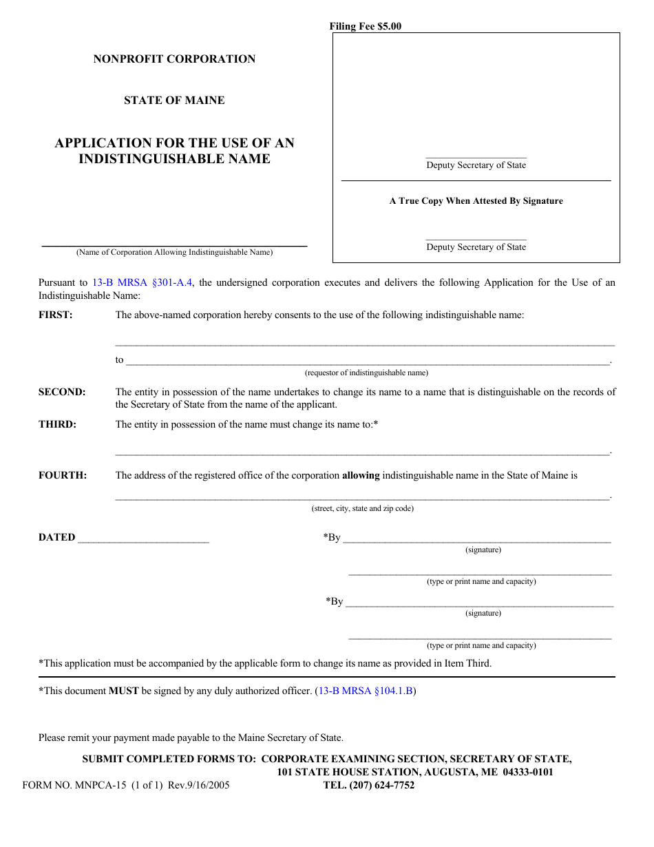 Form MNPCA-15 Application for the Use of an Indistinguishable Name - Maine, Page 1