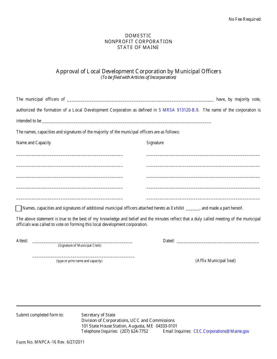 Form MNPCA-16 Approval of Local Development Corporation by Municipal Officers - Maine, Page 1