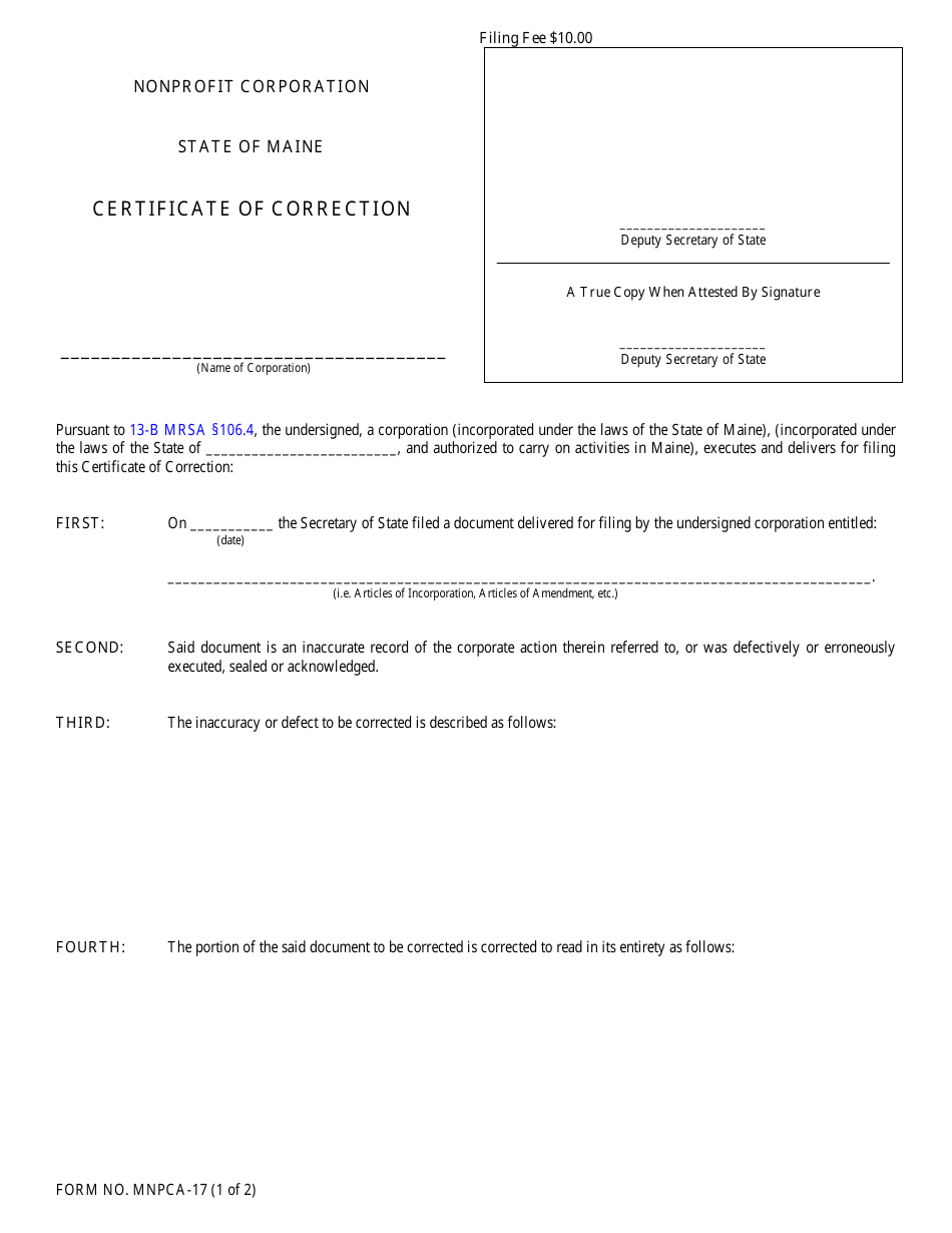 Form MNPCA-17 Certificate of Correction - Maine, Page 1