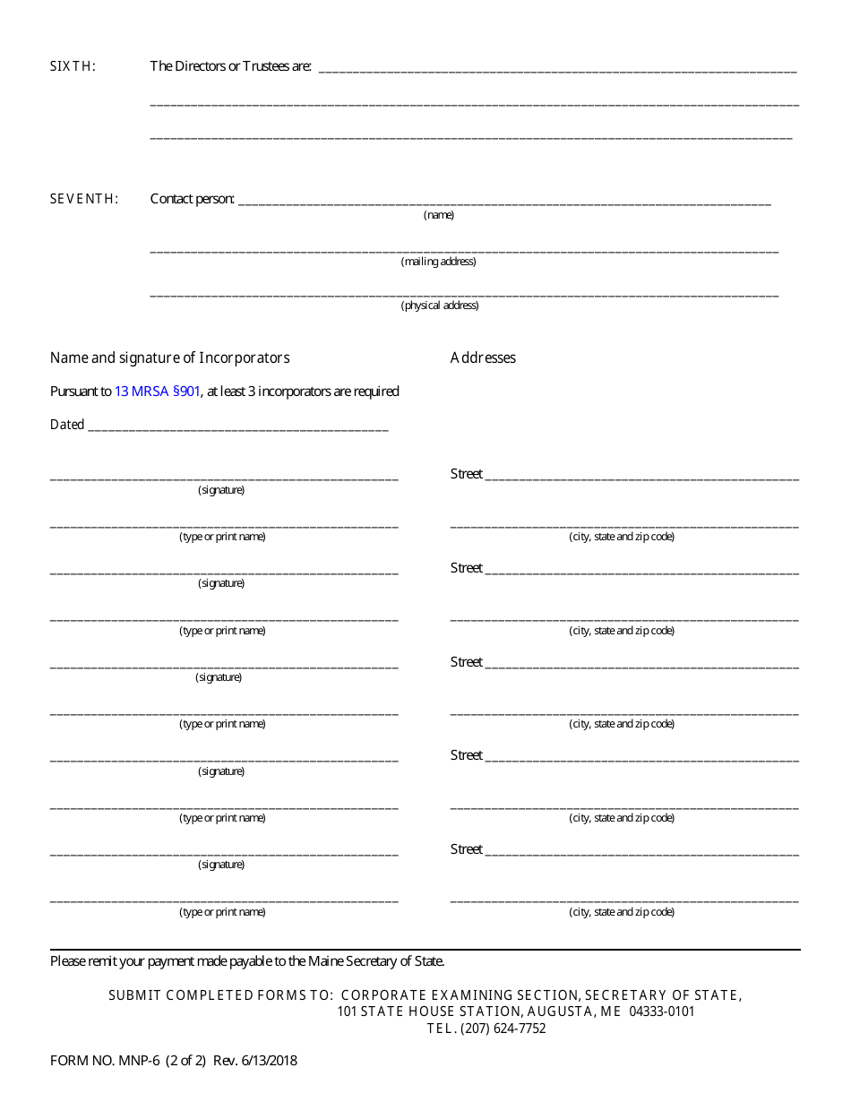 Form MNP-6 Certificate of Organization - Maine, Page 2