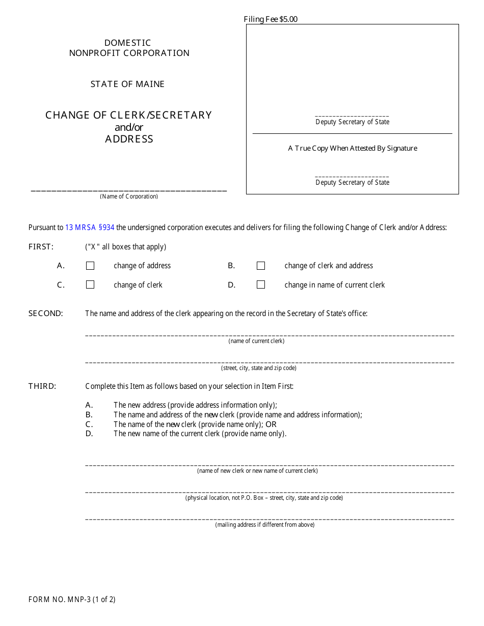 Form MNP-3 Change of Clerk / Secretary and / or Address - Maine, Page 1