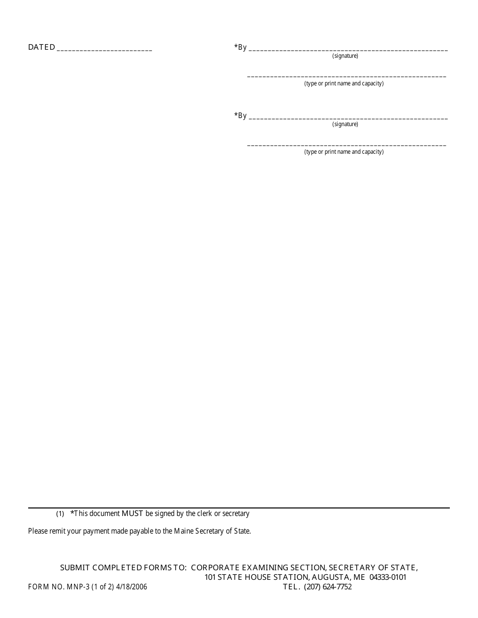 Form MNP-3 Change of Clerk / Secretary and / or Address - Maine, Page 2