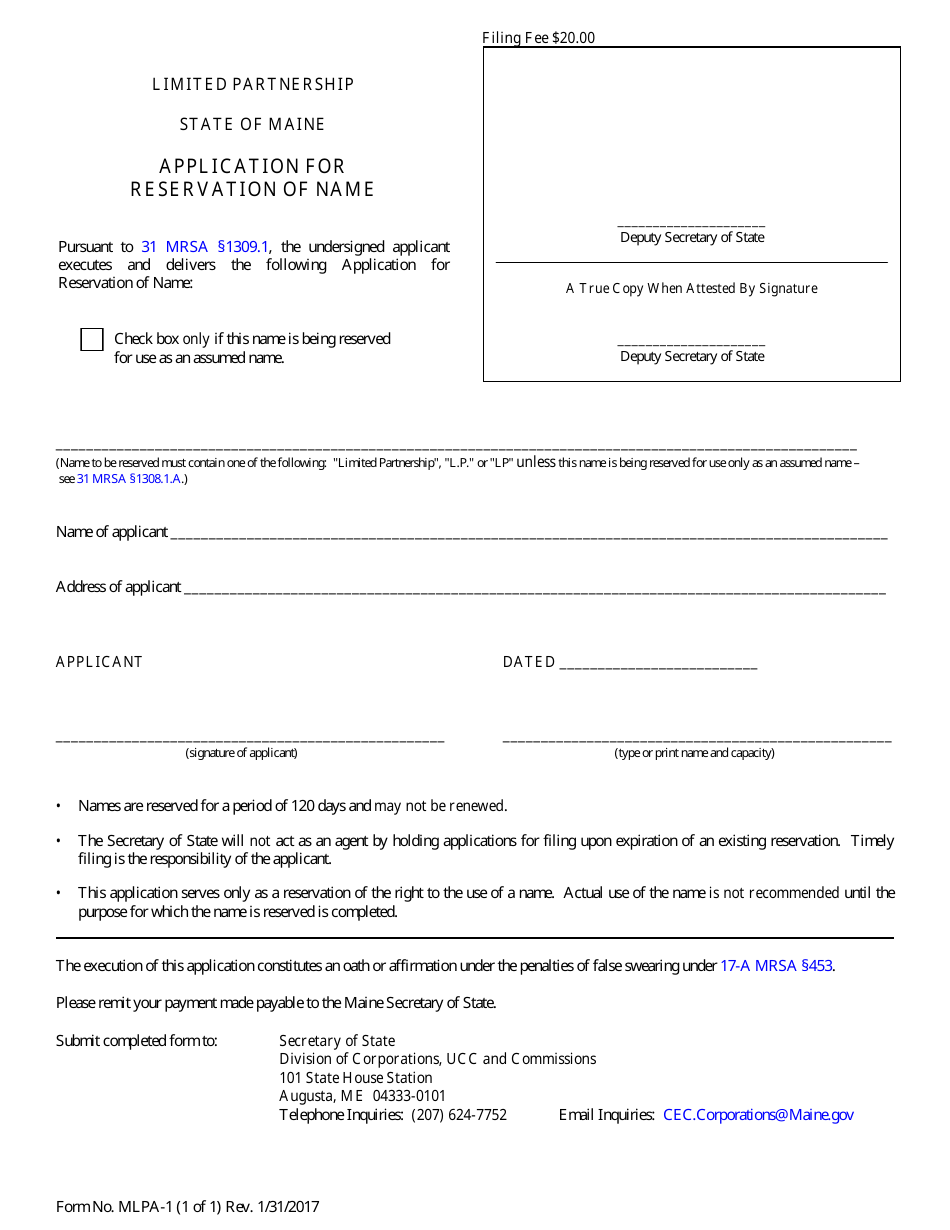 Form MLPA-1 Application for Reservation of Name - Maine, Page 1