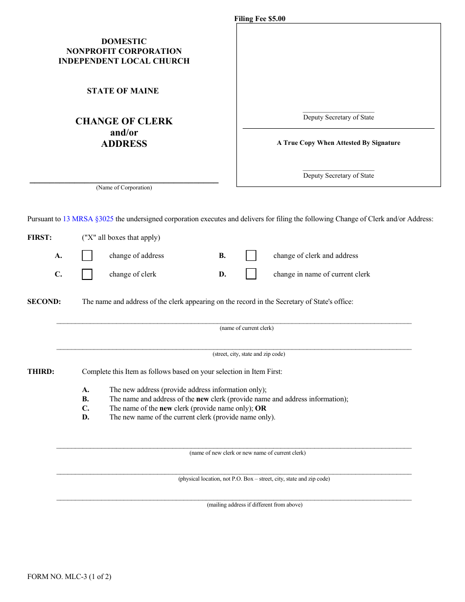 Form MLC-3 Change of Clerk and / or Address - Independent Local Church - Maine, Page 1