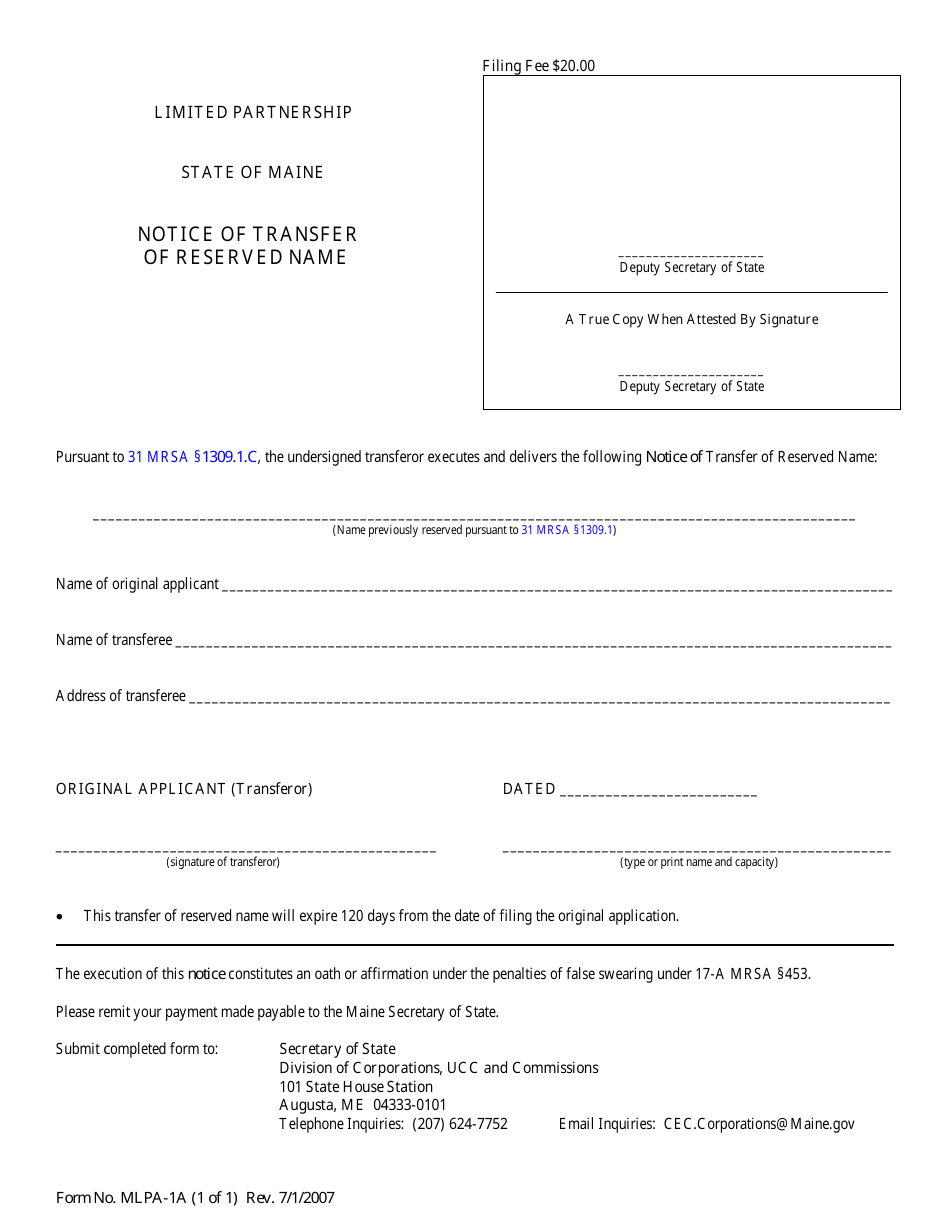 Form MLPA-1A Notice of Transfer of Reserved Name - Maine, Page 1