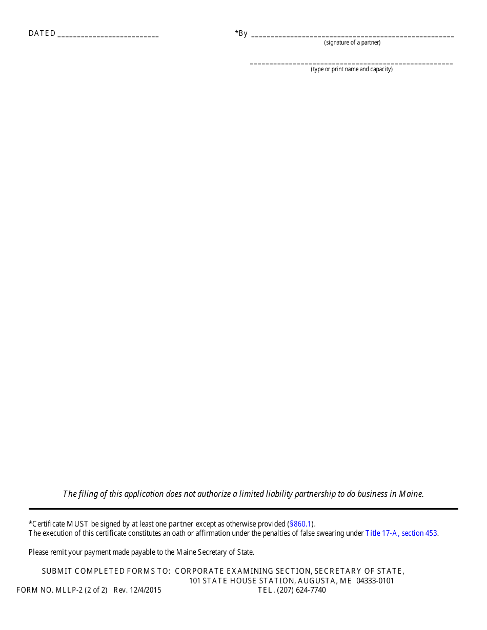 Form MLLP-2 Application for Registration of Name - Maine, Page 2