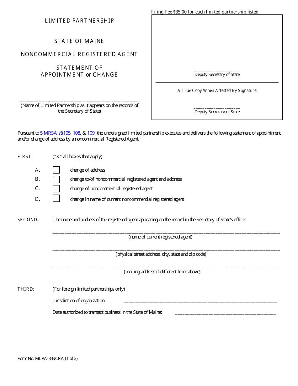Form MLPA-3-NCRA Statement of Appointment or Change of Noncommercial Registered Agent - Maine, Page 1