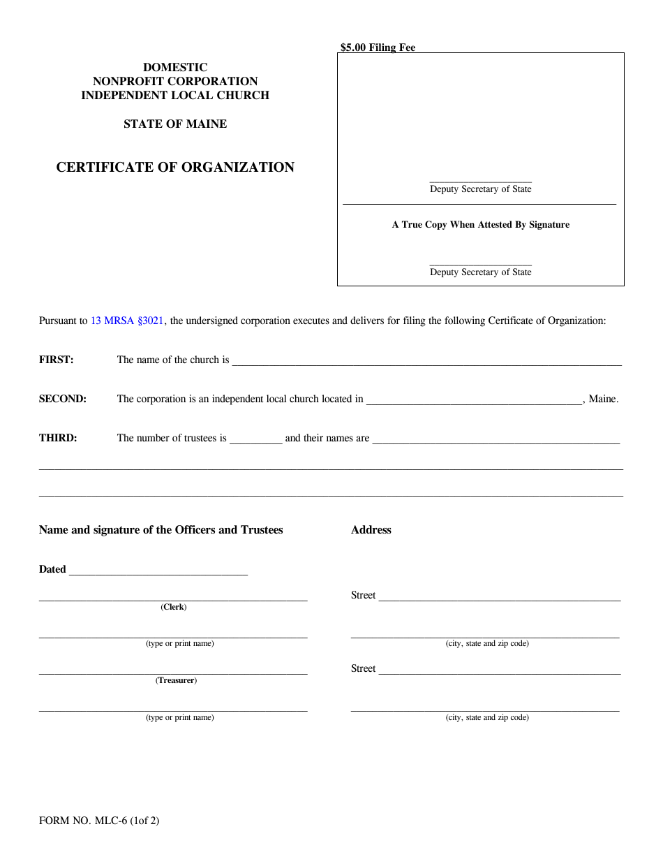 Form MLC-6 Certificate of Organization - Independent Local Church - Maine, Page 1