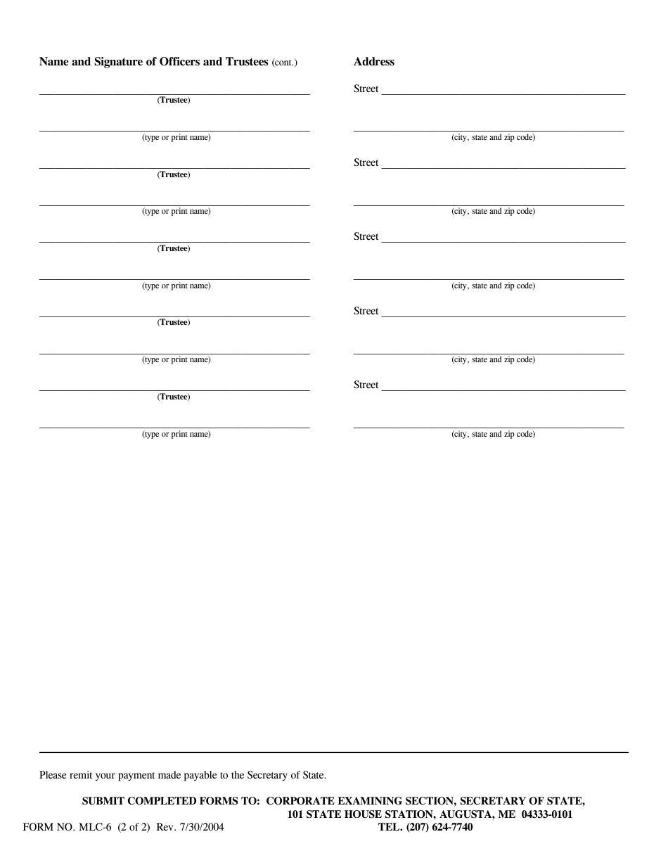 Form MLC-6 Certificate of Organization - Independent Local Church - Maine, Page 2