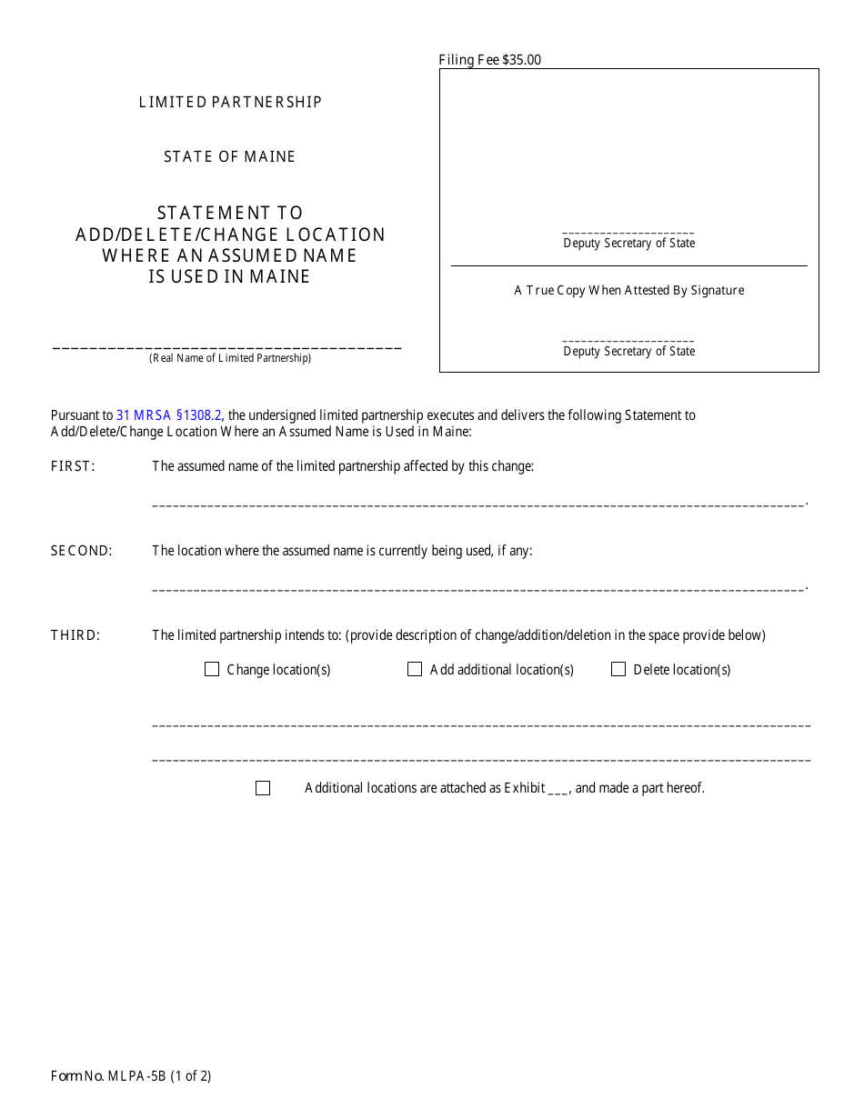 Form MLPA-5B Statement to Add / Delete / Change Location Where an Assumed Name Is Used in Maine - Maine, Page 1