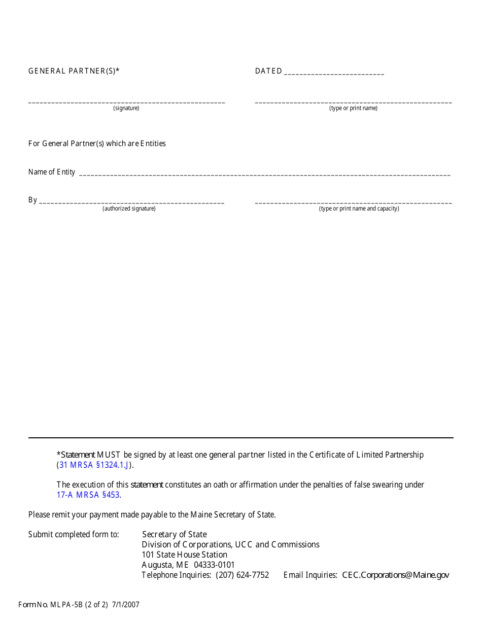 Form MLPA-5B Statement to Add / Delete / Change Location Where an Assumed Name Is Used in Maine - Maine, Page 2