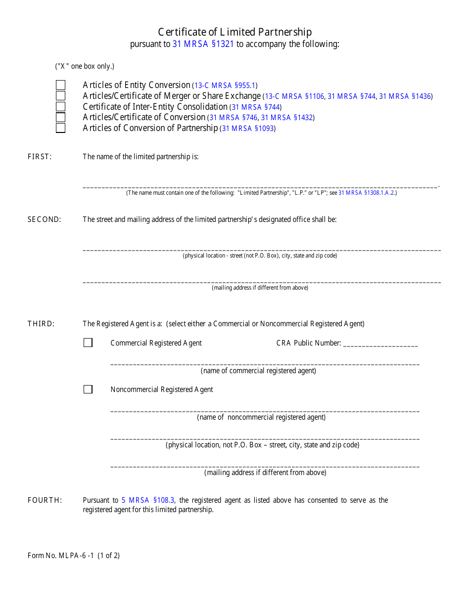 Form MLPA-6-1 Certificate of Limited Partnership - Maine, Page 1