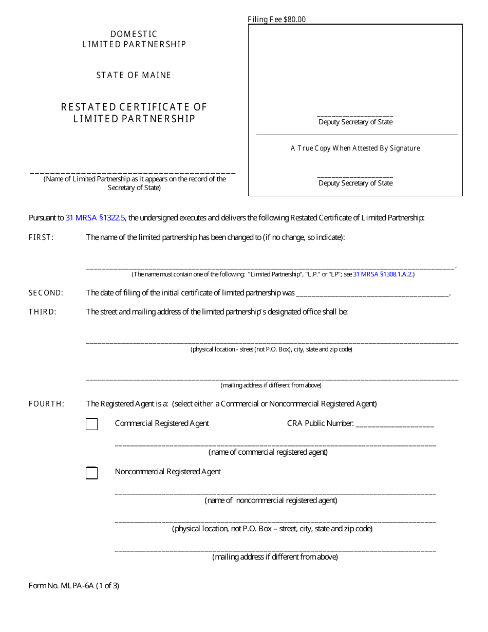 Form MLPA-6A Restated Certificate of Limited Partnership - Maine, Page 1