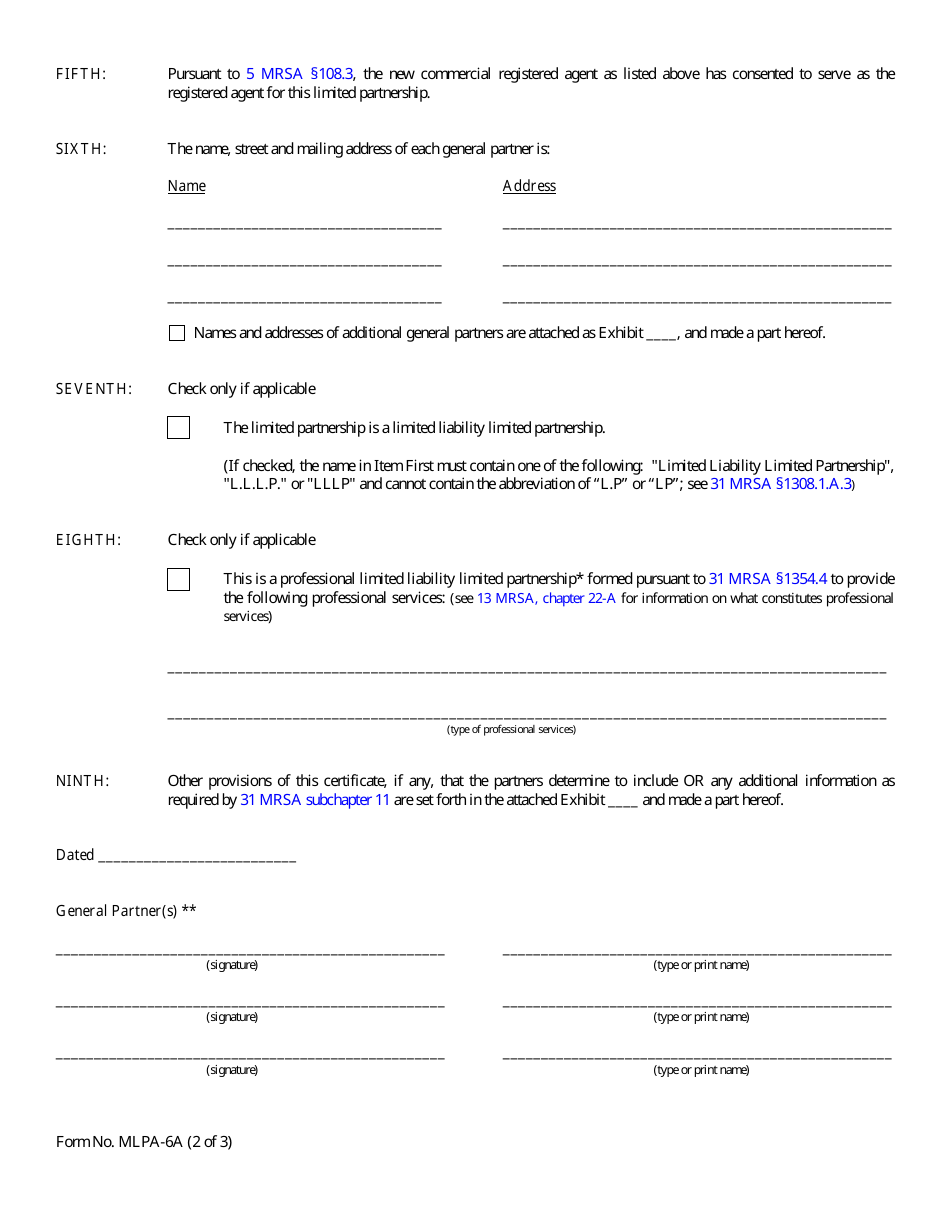 Form MLPA-6A Restated Certificate of Limited Partnership - Maine, Page 2