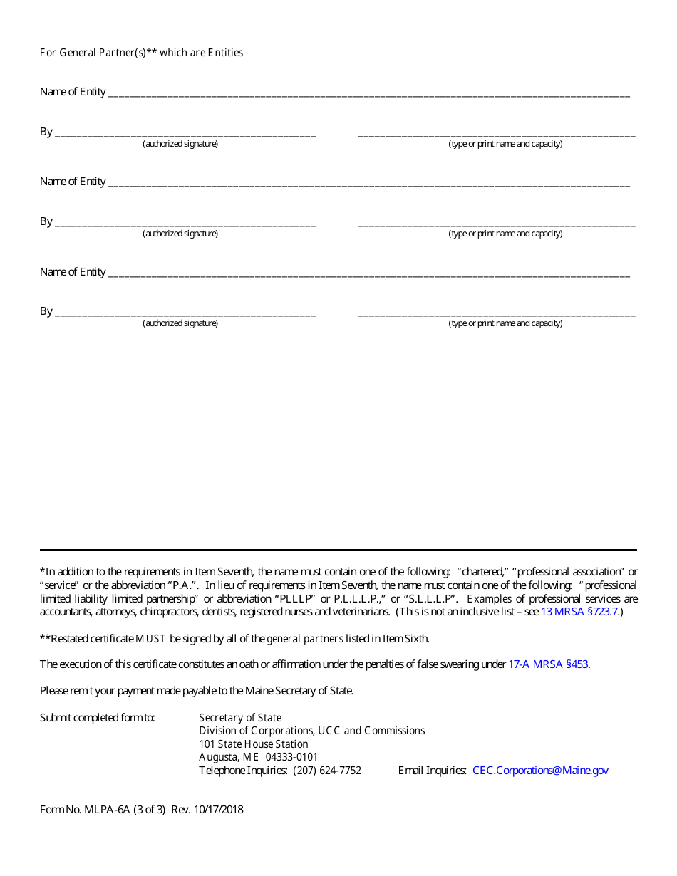 Form MLPA-6A Restated Certificate of Limited Partnership - Maine, Page 3