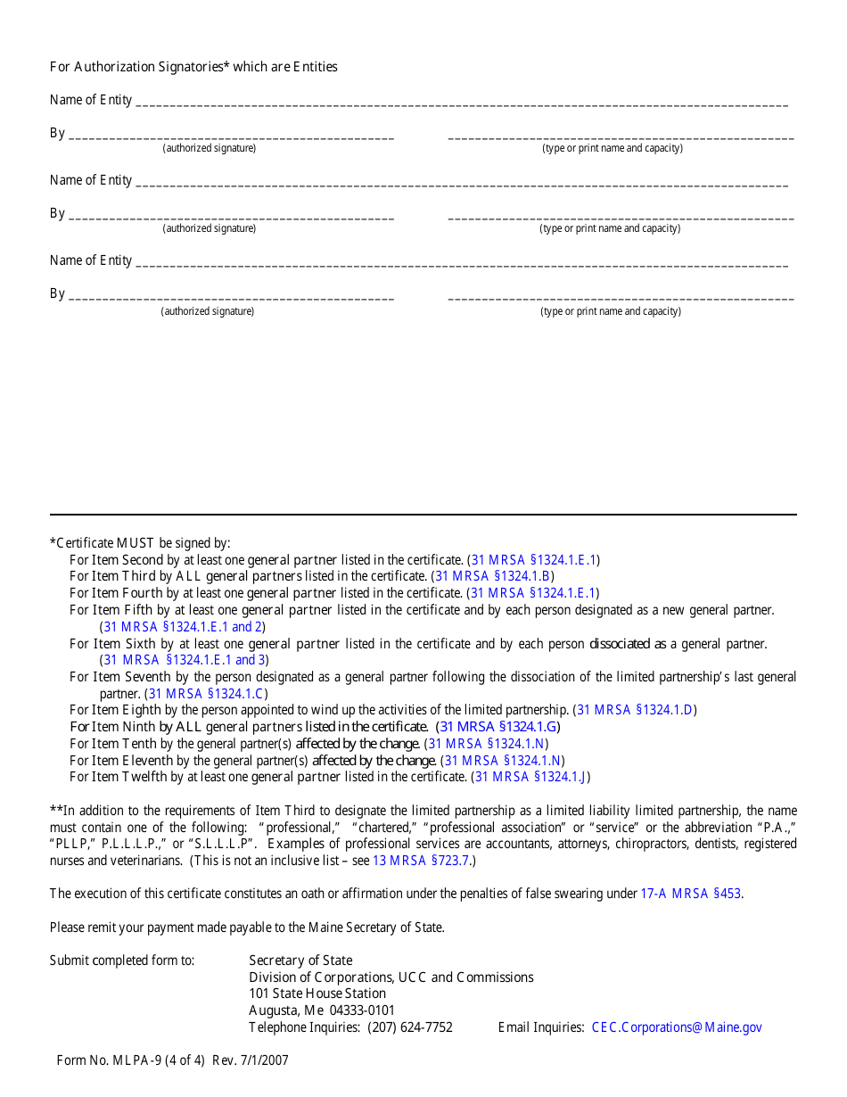 Form MLPA-9 Certificate of Amendment - Maine, Page 4