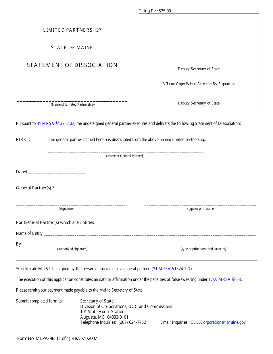 Form MLPA-9B Statement of Dissociation - Maine, Page 1