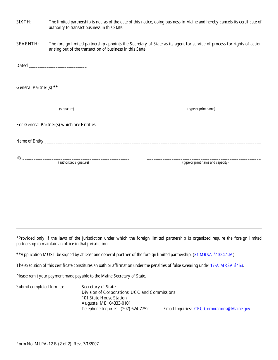 Form MLPA-12B Notice of Cancellation of Certificate of Authority to Transact Business - Maine, Page 2