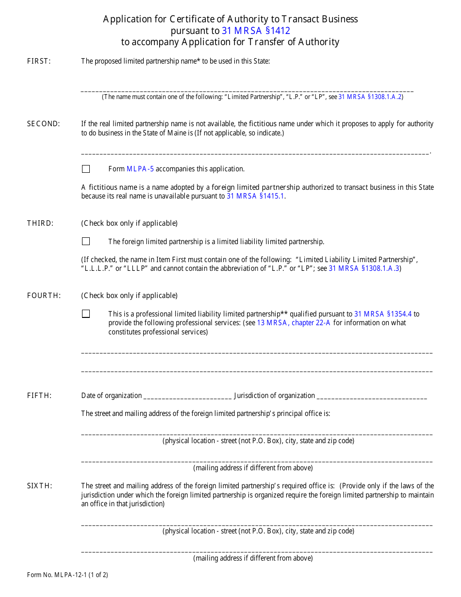 Form MLPA-12-1 Application for Certificate of Authority to Transact Business Pursuant to 31 Mrsa Section 1412 to Accompany Application for Transfer of Authority - Maine, Page 1