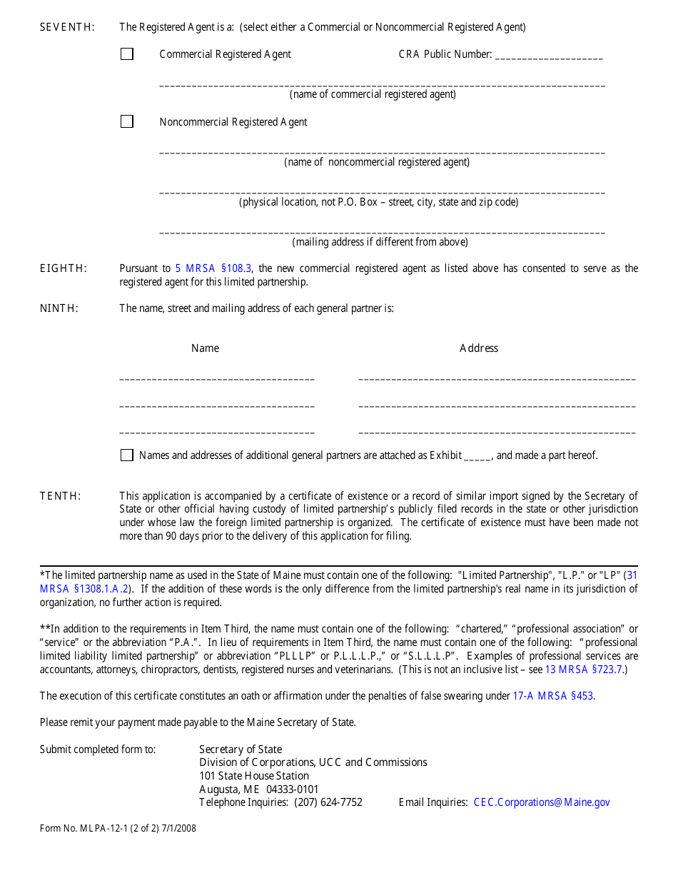 Form MLPA-12-1 Application for Certificate of Authority to Transact Business Pursuant to 31 Mrsa Section 1412 to Accompany Application for Transfer of Authority - Maine, Page 2