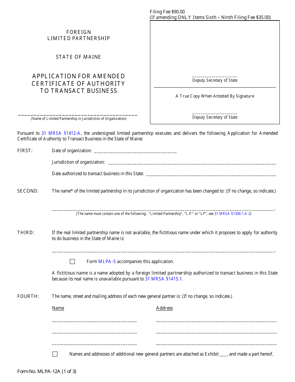 Form MLPA-12A Application for Amended Certificate of Authority to Transact Business - Maine, Page 1