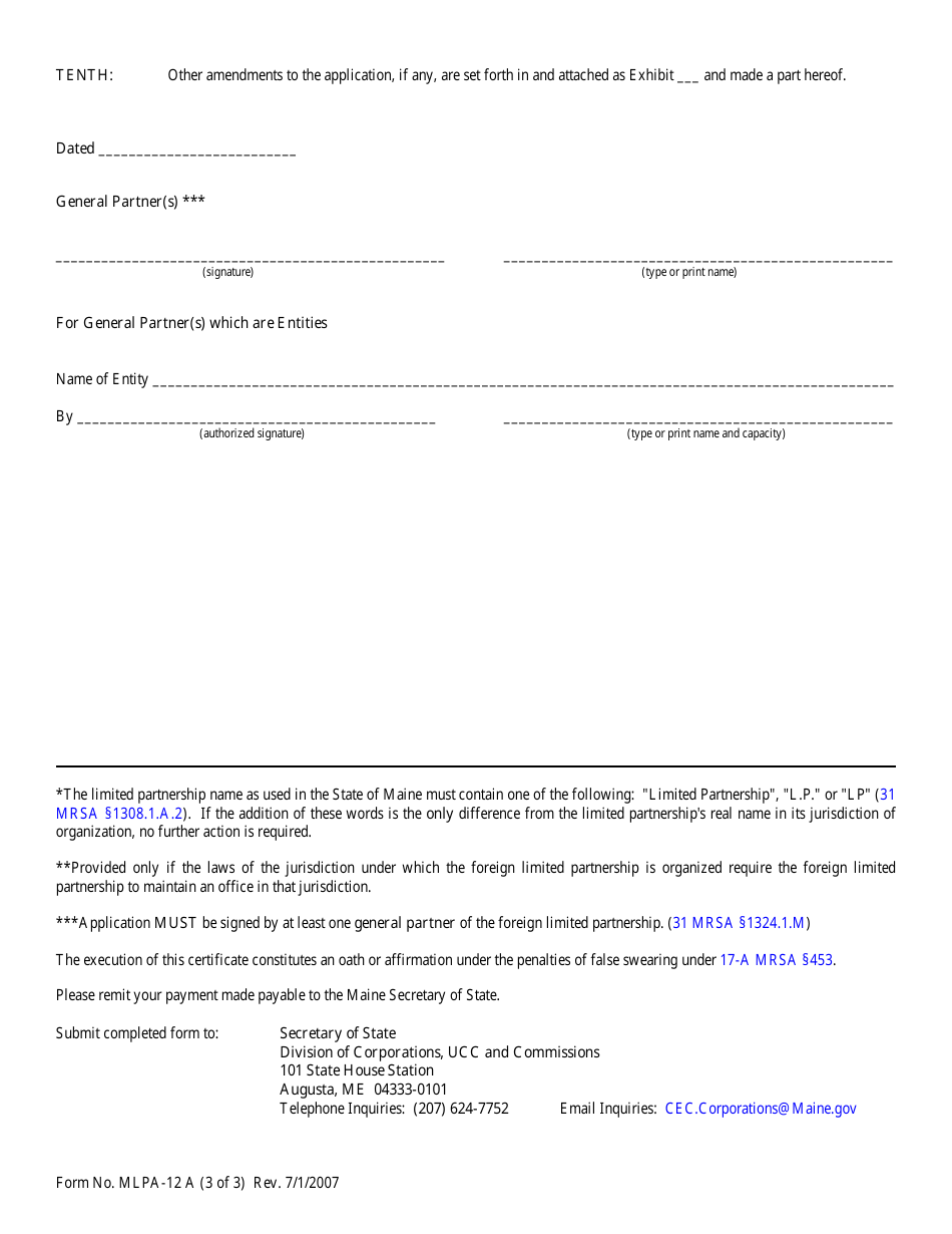 Form MLPA-12A Application for Amended Certificate of Authority to Transact Business - Maine, Page 3