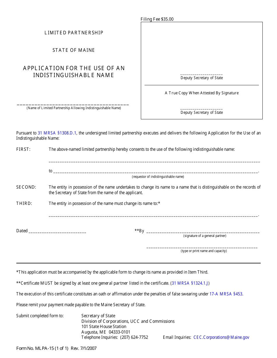 Form MLPA-15 Application for the Use of an Indistinguishable Name - Maine, Page 1
