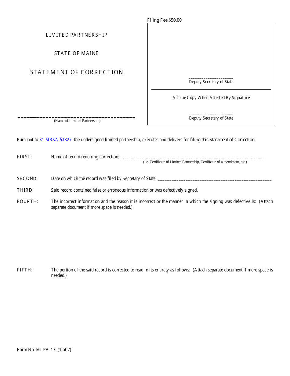 Form MLPA-17 Statement of Correction - Maine, Page 1