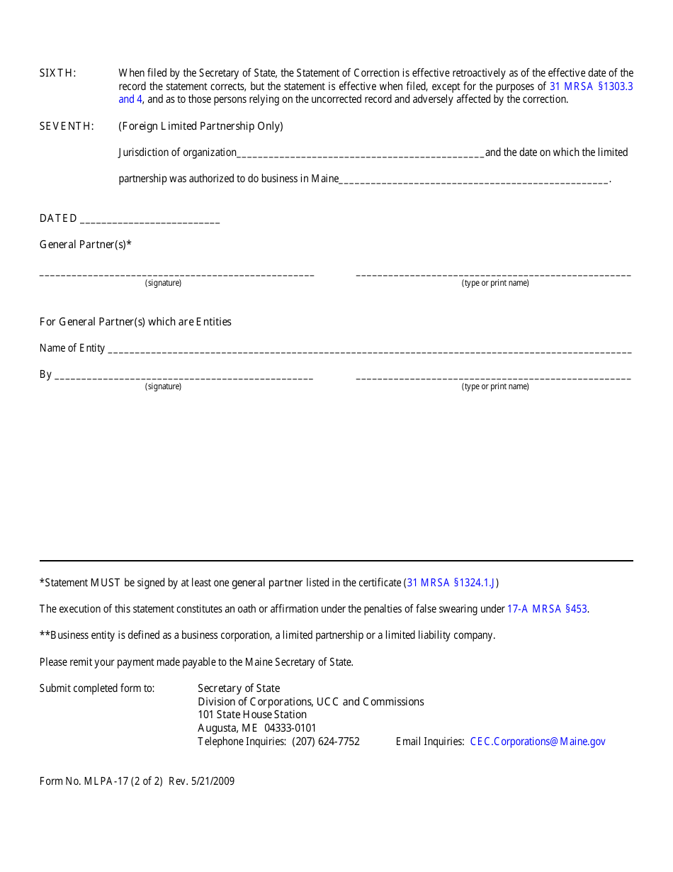 Form MLPA-17 Statement of Correction - Maine, Page 2